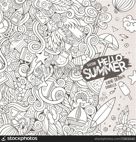 Cartoon hand-drawn doodles summer illustration. Line art detailed, with lots of objects vector background. Doodles abstract decorative summer vector illustration