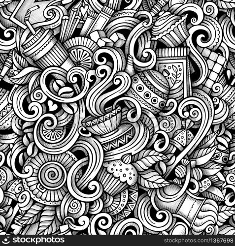 Cartoon hand-drawn doodles tea and coffee seamless pattern. Line art trace detailed, with lots of objects vector background. Cartoon hand-drawn doodles tea and coffee seamless pattern