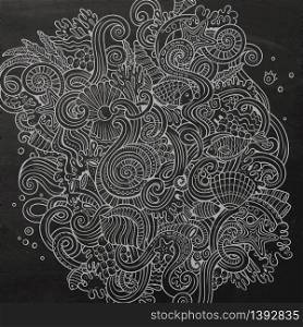 Cartoon hand-drawn doodles Underwater life illustration. Chalkboard detailed, with lots of objects vector background. Cartoon hand-drawn doodles Underwater life illustration