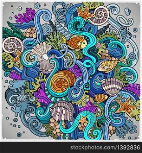 Cartoon hand-drawn doodles Underwater life illustration. Colorful detailed, with lots of objects vector background. Cartoon hand-drawn doodles Underwater life illustration