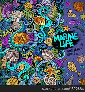 Cartoon hand-drawn doodles Underwater life illustration. Colorful detailed, with lots of objects vector background. Cartoon hand-drawn doodles Underwater life illustration