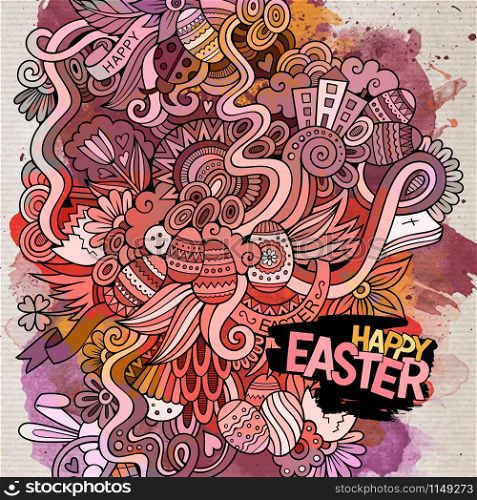 Cartoon hand-drawn Easter doodles watercolor art background. Vector illustration. Cartoon hand-drawn Easter doodles watercolor art background