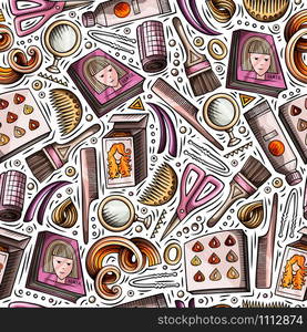 Cartoon hand-drawn Hair salon seamless pattern. Lots of symbols, objects and elements. Perfect funny vector background.. Cartoon hand-drawn Hair salon seamless pattern