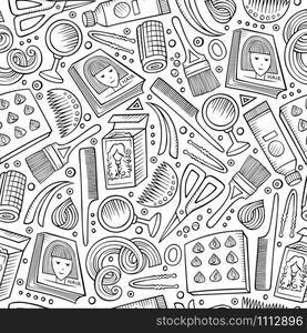 Cartoon hand-drawn Hair salon seamless pattern. Lots of symbols, objects and elements. Perfect funny vector background.. Cartoon hand-drawn Hair salon seamless pattern