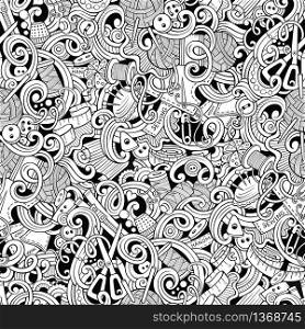 Cartoon hand-drawn handmade and sewing doodles seamless pattern. Line art detailed, with lots of objects vector background. Cartoon handmade and sewing doodles seamless pattern