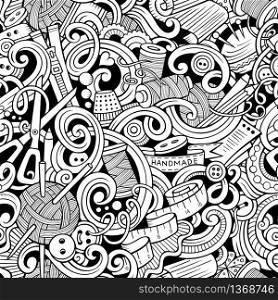 Cartoon hand-drawn handmade and sewing doodles seamless pattern. Line art detailed, with lots of objects vector background. Cartoon handmade and sewing doodles seamless pattern
