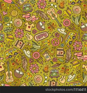 Cartoon hand-drawn hippie doodles seamless pattern. Colorful detailed, with lots of objects vector background. Cartoon hippie seamless pattern