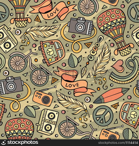 Cartoon hand-drawn hippie doodles seamless pattern. Colorful detailed, with lots of objects vector background. Cartoon vector hippie seamless pattern