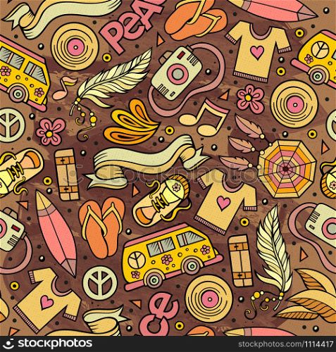 Cartoon hand-drawn hippie doodles seamless pattern. Colorful detailed, with lots of objects vector background. Cartoon vector hippie seamless pattern