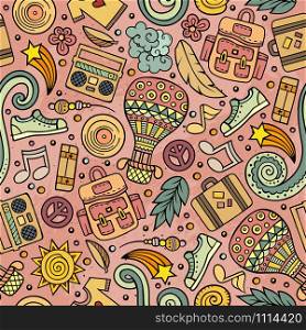 Cartoon hand-drawn hippie doodles seamless pattern. Colorful detailed, with lots of objects vector background. Cartoon vector hippie seamless pattern