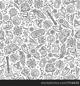 Cartoon hand drawn hippie doodles seamless pattern. Line art detailed, with lots of objects vector background. Cartoon hippie seamless pattern