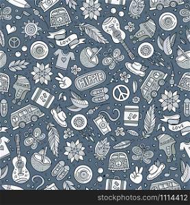 Cartoon hand drawn hippie doodles seamless pattern. Line art detailed, with lots of objects vector background. Cartoon hippie seamless pattern