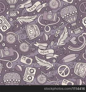 Cartoon hand-drawn hippie doodles seamless pattern. Toned detailed, with lots of objects vector background. Cartoon vector hippie seamless pattern