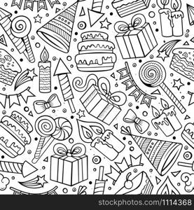 Cartoon hand drawn holidays seamless pattern. Lots of symbols, objects and elements. Perfect funny vector background.. Cartoon hand-drawn doodles birthday theme seamless pattern