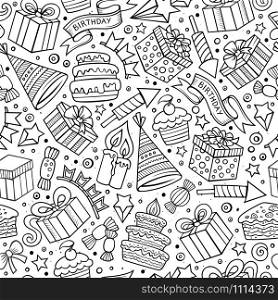 Cartoon hand drawn holidays seamless pattern. Lots of symbols, objects and elements. Perfect funny vector background.. Cartoon hand-drawn doodles birthday theme seamless pattern