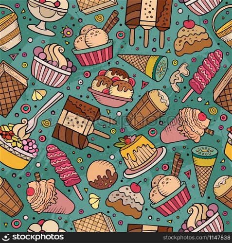 Cartoon hand-drawn ice cream doodles seamless pattern. Colorful detailed, with lots of objects vector background. Cartoon hand-drawn ice cream doodles seamless pattern