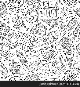 Cartoon hand-drawn ice cream doodles seamless pattern. Sketchy detailed, with lots of objects vector background. Cartoon hand-drawn ice cream doodles seamless pattern