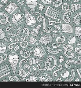 Cartoon hand-drawn ice cream doodles seamless pattern. Monochrome detailed, with lots of objects vector background. Cartoon hand-drawn ice cream doodles seamless pattern