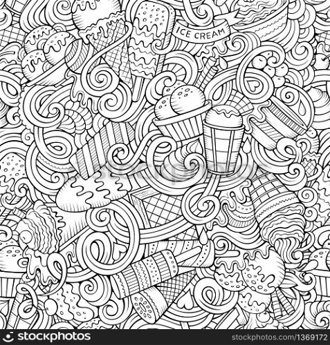 Cartoon hand-drawn ice cream doodles seamless pattern. Line art detailed, with lots of objects vector background. Cartoon hand-drawn ice cream doodles seamless pattern