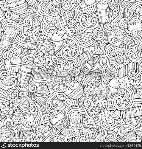 Cartoon hand-drawn ice cream doodles seamless pattern. Line art detailed, with lots of objects vector background. Cartoon hand-drawn ice cream doodles seamless pattern