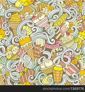 Cartoon hand-drawn ice cream doodles seamless pattern. Colorful detailed, with lots of objects vector background. Cartoon hand-drawn ice cream doodles seamless pattern