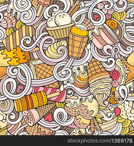 Cartoon hand-drawn ice cream doodles seamless pattern. Colorful detailed, with lots of objects vector background. Cartoon hand-drawn ice cream doodles seamless pattern