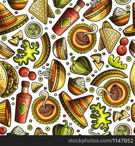 Cartoon hand-drawn latin american, mexican food seamless pattern. Lots of symbols, objects and elements. Perfect funny vector background.. Cartoon hand-drawn latin american, mexican seamless pattern