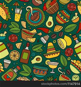 Cartoon hand-drawn latin american, mexican seamless pattern. Lots of symbols, objects and elements. Perfect funny vector background. . Cartoon hand-drawn latin american, mexican seamless pattern