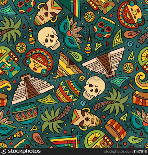 Cartoon hand-drawn latin american, mexican seamless pattern. Lots of symbols, objects and elements. Perfect funny vector background.. Cartoon hand-drawn latin american, mexican seamless pattern