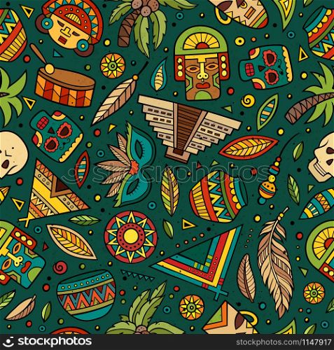Cartoon hand-drawn latin american, mexican seamless pattern. Lots of symbols, objects and elements. Perfect funny vector background.. Cartoon hand-drawn latin american, mexican seamless pattern