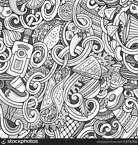 Cartoon hand-drawn mexican food doodles line art seamless pattern. Detailed, with lots of objects vector background. Cartoon mexican food doodles seamless pattern