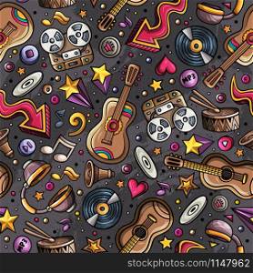 Cartoon hand-drawn musical instruments seamless pattern. Lots of music symbols, objects and elements. Perfect funny multicolored tile vector background.. Cartoon hand-drawn musical instruments seamless pattern