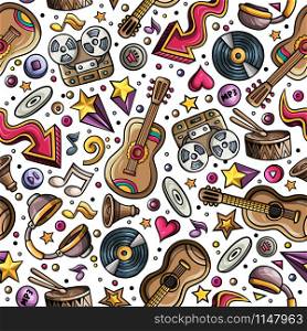 Cartoon hand-drawn musical instruments seamless pattern. Lots of music symbols, objects and elements. Perfect funny multicolored tile vector background.. Cartoon hand-drawn musical instruments seamless pattern