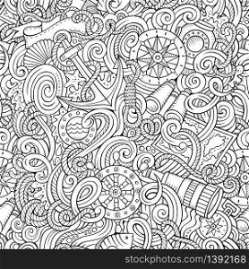 Cartoon hand-drawn nautical doodles seamless pattern. Detailed line art, with lots of objects vector background. Cartoon hand-drawn nautical doodles seamless pattern