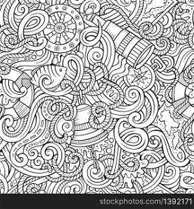 Cartoon hand-drawn nautical doodles seamless pattern. Detailed line art, with lots of objects vector background. Cartoon hand-drawn nautical doodles seamless pattern