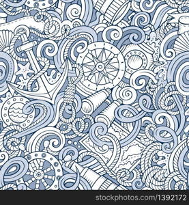 Cartoon hand-drawn nautical doodles seamless pattern. Detailed line art, with lots of objects vector background. Cartoon hand-drawn nautical doodles seamless pattern