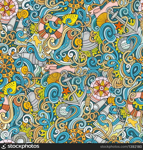 Cartoon hand-drawn nautical doodles seamless pattern. Detailed, with lots of objects vector background. Cartoon hand-drawn nautical doodles seamless pattern