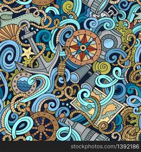 Cartoon hand-drawn nautical doodles seamless pattern. Detailed, with lots of objects vector background. Cartoon hand-drawn nautical doodles seamless pattern