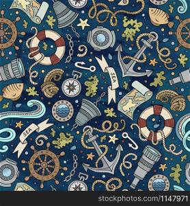 Cartoon hand-drawn nautical marine seamless pattern. Colorful detailed, with lots of objects funny vector background. Cartoon nautical seamless pattern