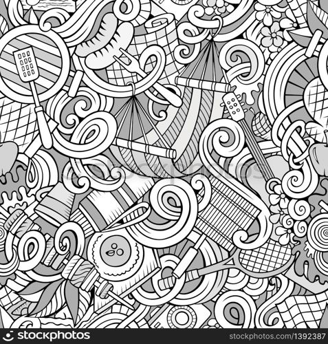 Cartoon hand-drawn picnic doodles line art seamless pattern. Detailed, with lots of objects vector background. Cartoon hand-drawn picnic doodles seamless pattern