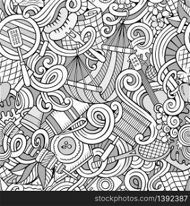Cartoon hand-drawn picnic doodles line art seamless pattern. Detailed, with lots of objects vector background. Cartoon hand-drawn picnic doodles seamless pattern