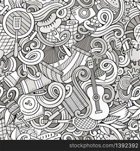 Cartoon hand-drawn picnic doodles line art seamless pattern. Detailed, with lots of objects vector background. Cartoon hand-drawn picnic doodles seamless pattern