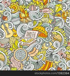 Cartoon hand-drawn picnic doodles seamless pattern. Detailed, with lots of objects vector background. Cartoon hand-drawn picnic doodles seamless pattern