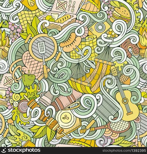 Cartoon hand-drawn picnic doodles seamless pattern. Detailed, with lots of objects vector background. Cartoon hand-drawn picnic doodles seamless pattern