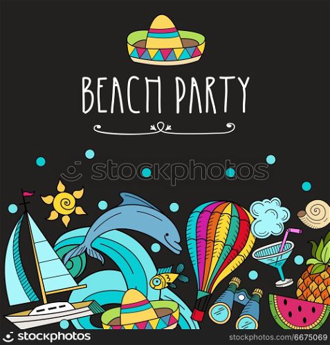 Cartoon hand drawn poster consisting of individual elements. Sum. Cartoon hand drawn poster consisting of individual elements. Summer, rest, sea, rest. Vector illustration. Hand drawn vector Doodle.
