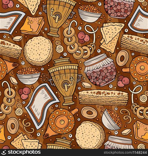 Cartoon hand-drawn Russian food seamless pattern. Lots of symbols, objects and elements. Perfect funny vector background.. Cartoon hand-drawn Russian food seamless pattern