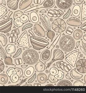 Cartoon hand-drawn Russian food seamless pattern. Lots of symbols, objects and elements. Perfect funny vector background.. Cartoon hand-drawn Russian food seamless pattern