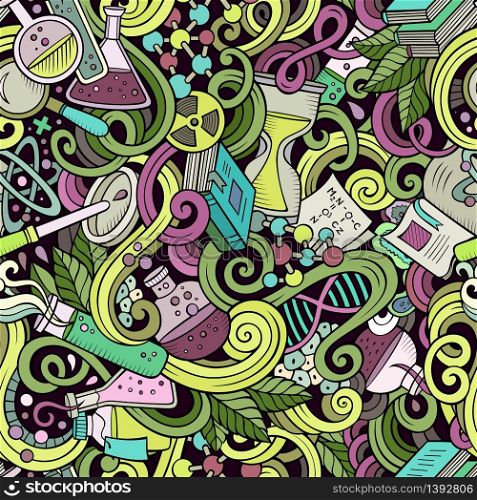 Cartoon hand-drawn science doodles seamless pattern. Detailed, with lots of objects vector background. Cartoon hand-drawn science doodles seamless pattern
