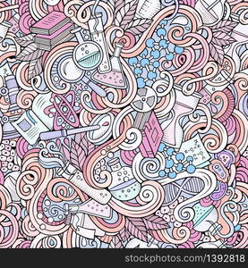 Cartoon hand-drawn science doodles seamless pattern. Detailed, with lots of objects vector background. Cartoon hand-drawn science doodles seamless pattern