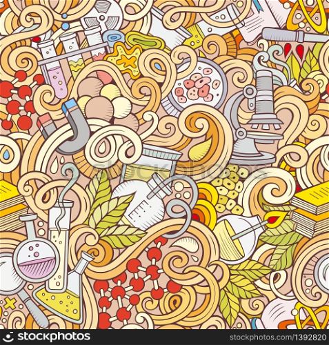 Cartoon hand-drawn science doodles seamless pattern. Detailed, with lots of objects vector background. Cartoon hand-drawn science doodles seamless pattern